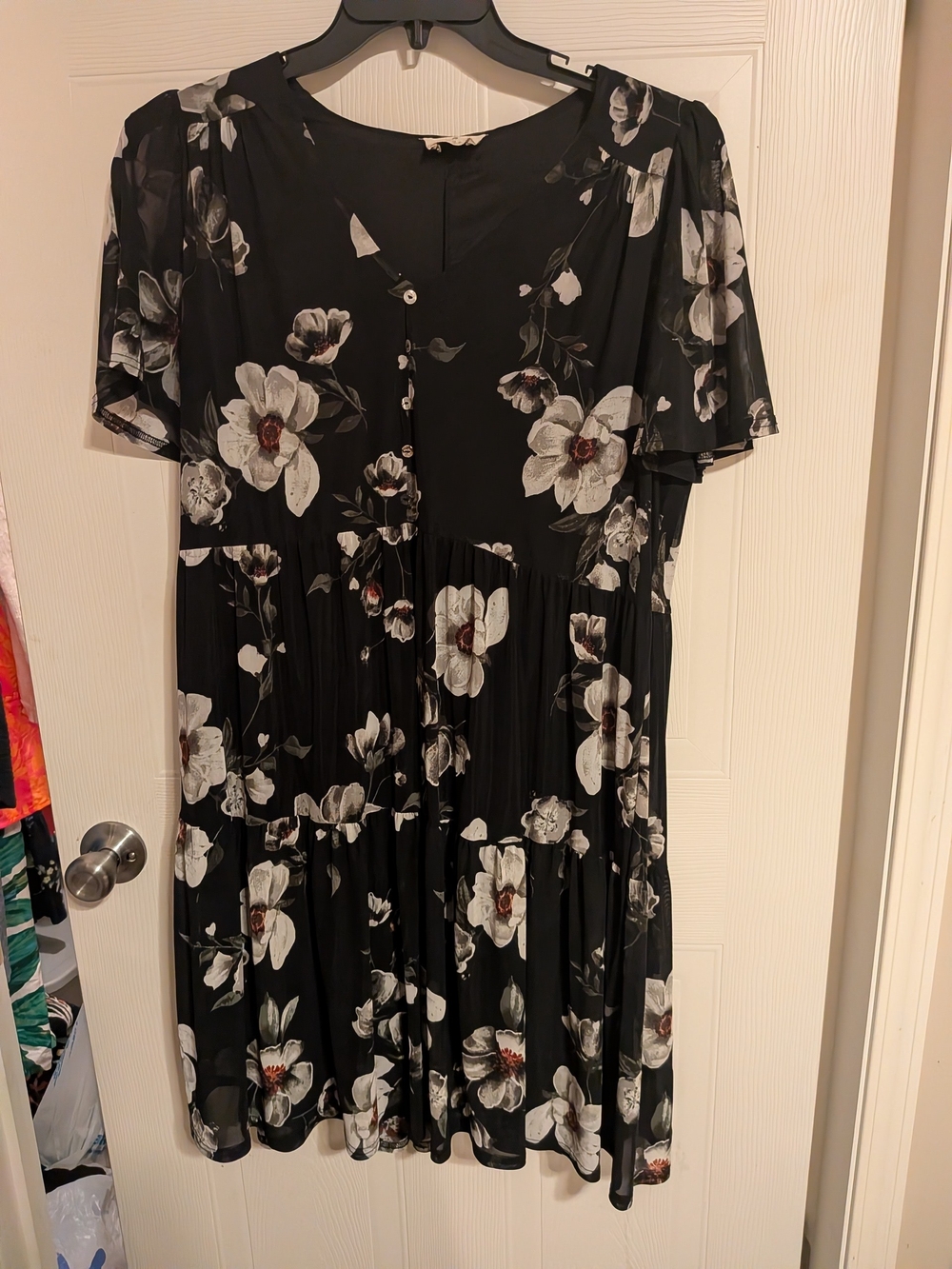 Black Floral Midi Dress with Button-Front Detail